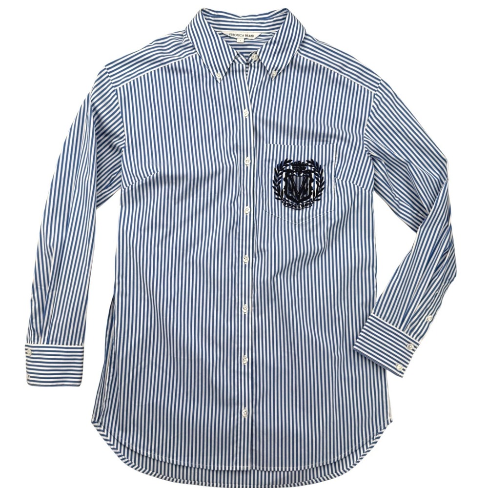 Veronica Beard Lloyd Stripe Crest Button Down Shirt Womens 2 Blue White Preppy - Picture 4 of 9